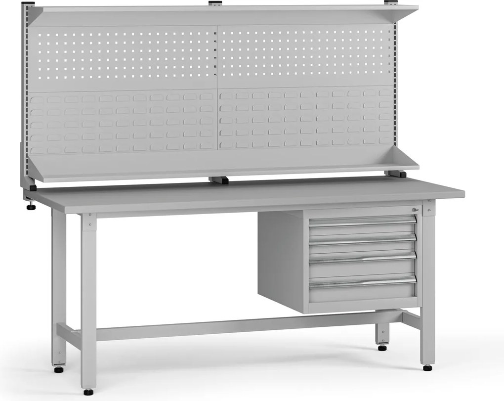 Výškovo nastaviteľný dielenský stôl G5 s nadstavbou, 1800 x 750 x 800-1000 mm, 1x kontajner, 4 zásuvky, sivá