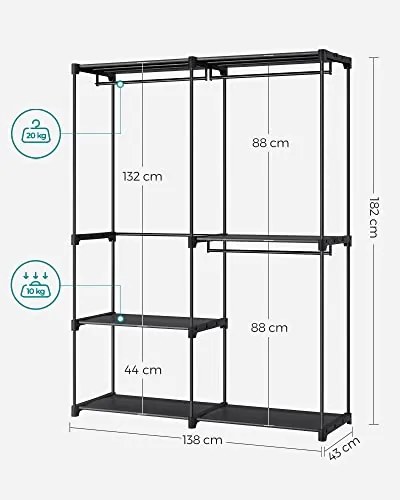 Otvorená šatníková skriňa, 3 závesné tyče, 3 police, 182x138x43cm, čierna