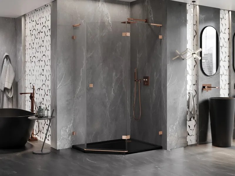 Mexen Lunar, L pravý výklopný päťuholníkový sprchový kút 90 x 80 cm, 8mm číre sklo, profil medená matná, 831L-090P-080L-65-00-P