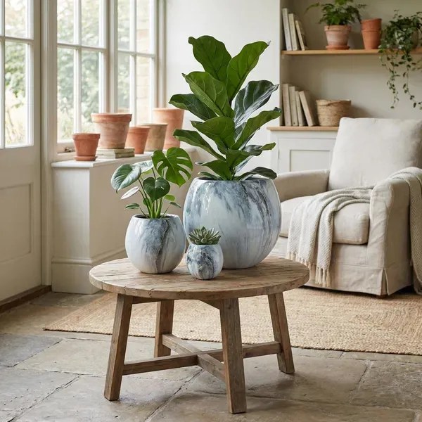 Sada 3 ks keramických květináčů NEVA MARBLE XI modrá/krémová