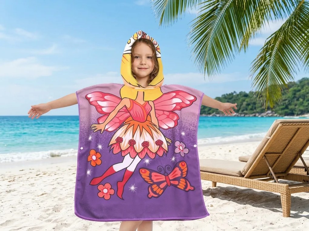 Detské pončo VÍLA A MOTÝĽ fialové Rozmer: 60 x 120 cm