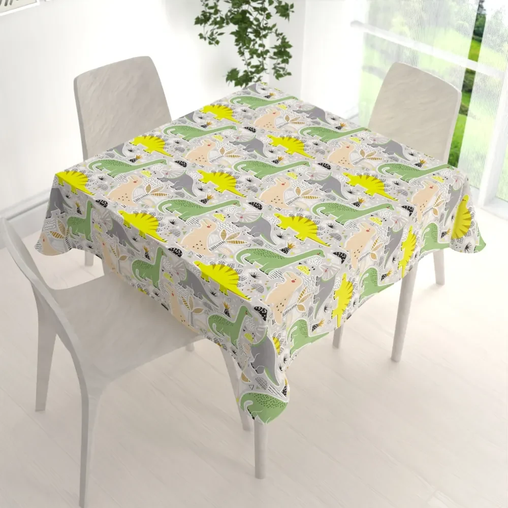 Biante Detský bavlnený štvorcový obrus Sandra SA-564 Dinosaury a brontosaury na sivom 90x90 cm