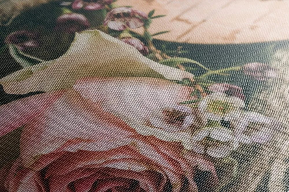 Obraz zátišie s ružou a srdiečkom vo vintage prevedení