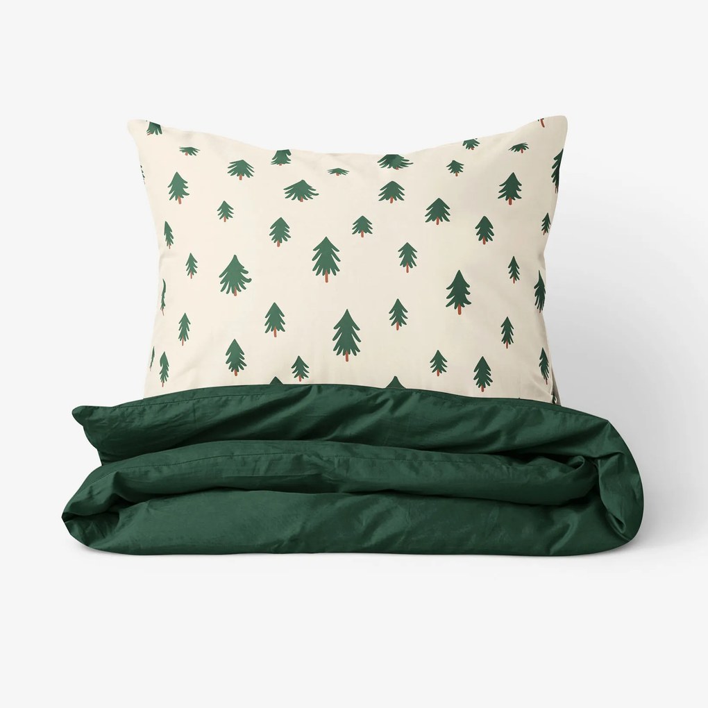 Goldea bavlnené posteľné obliečky duo - stromčeky na režnom s tmavo zelenou 240 x 220 a 2ks 70 x 90 cm