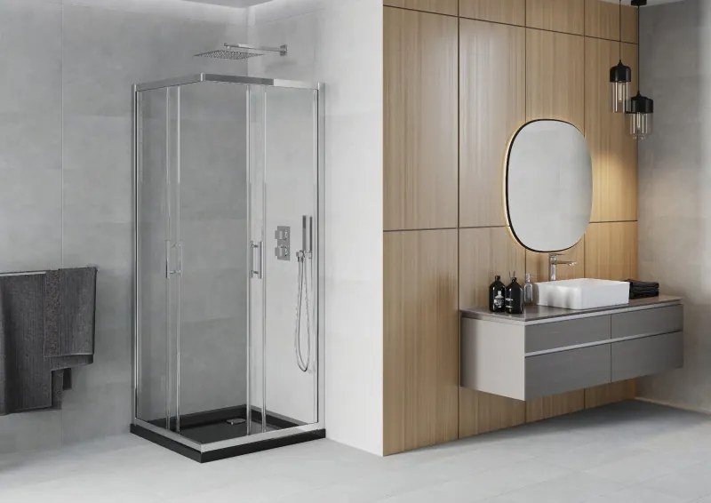 Mexen Rio, štvorcový sprchový kút 80 x 80 cm, 6mm číre sklo, chrómový profil + čierna sprchová vanička, 860-080-080-01-00-4070