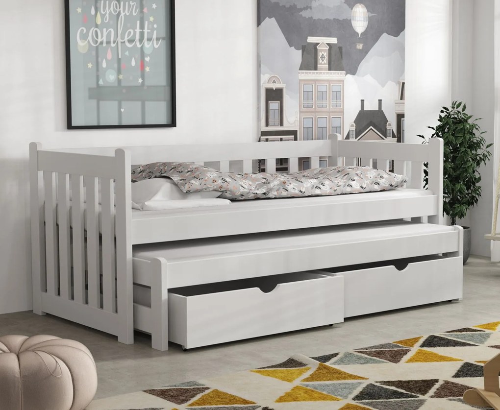 Detská posteľ z masívu borovice KRYŠPÍN s prístelkou a šuplíky - 200x90 cm - BIELA