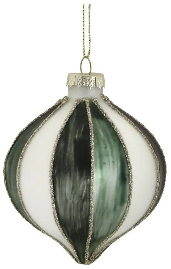Bielo-zelená sklenená vianočná ozdoba banka s pruhmi - 8 cm