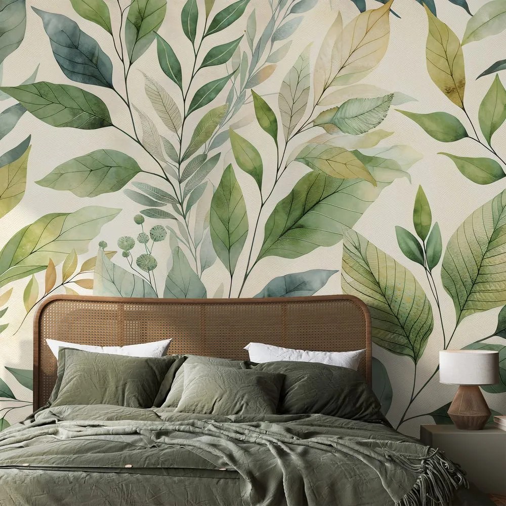 Samolepiaca tapeta zelené akvarelové listy na béžovom pozadí