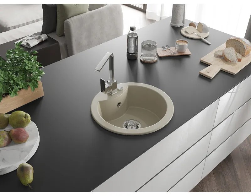 Mexen Diego, 1-komorový granitový drez 488x488x167 mm, chrómový sifón, chrómová batéria Rita, béžová, 6512-69-670300-00