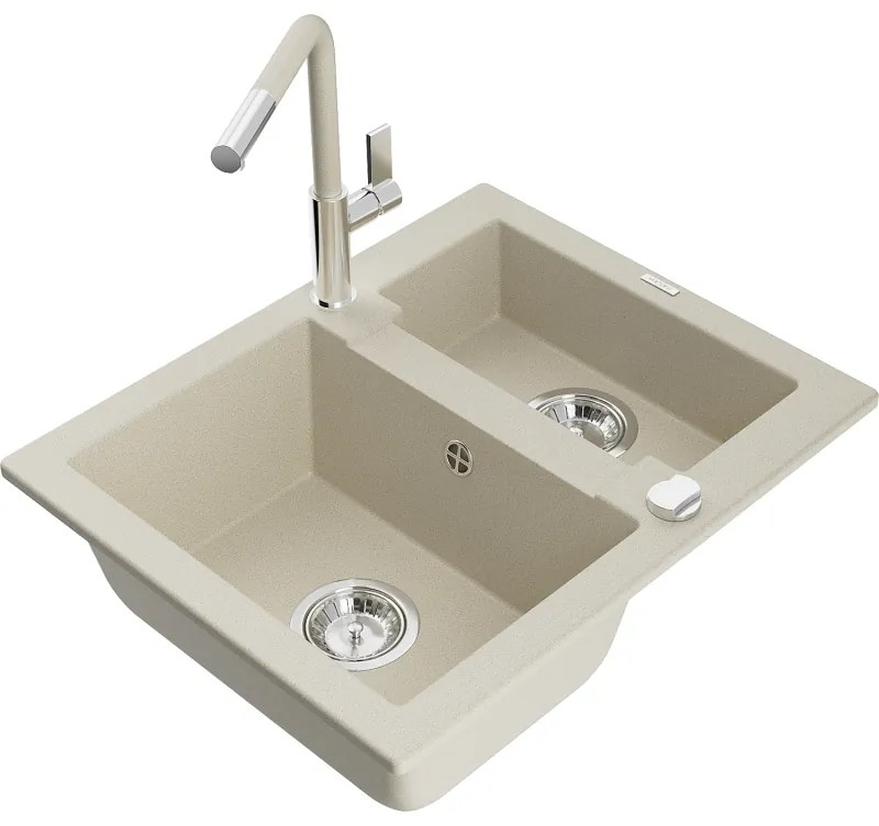 Mexen Carlos, 1,5-komorový granitový drez 582x475x177 mm a drezová batéria Flora, béžová, 6518-69-670401-09