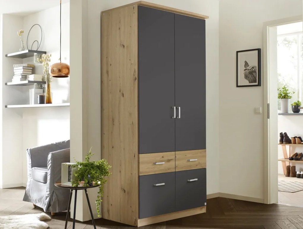 Šatníková skriňa Bremen, 91 cm, dub artisan/tmavo šedá