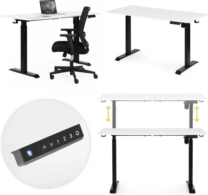 Elektrický nastaviteľný stôl 140 x 70 cm, nastaviteľná výška 76-121cm, biely s čiernymi nohami