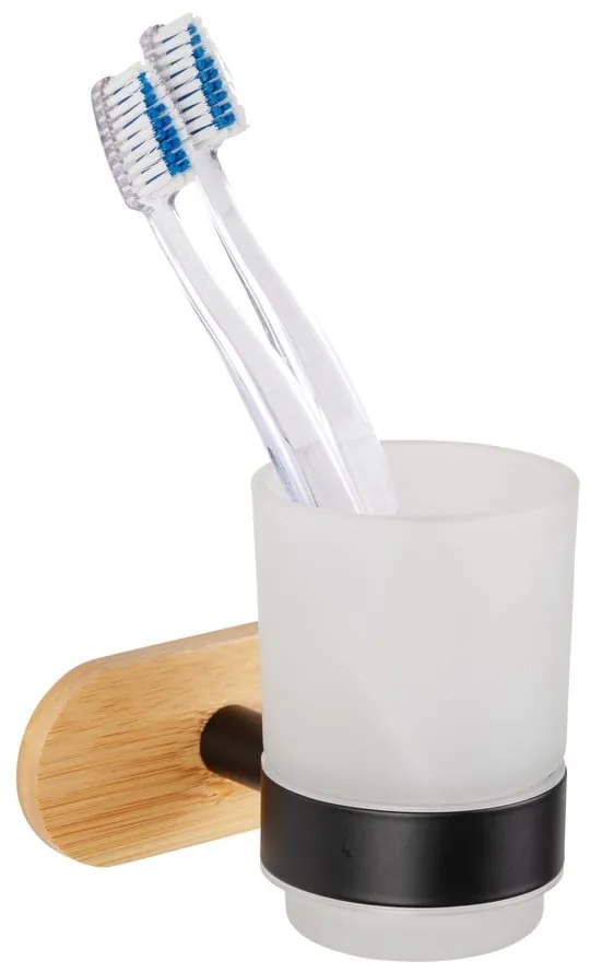 Samodržiaci sklenený téglik na zubné kefky v čiernej a prírodnej farbe Orea Bamboo – Wenko