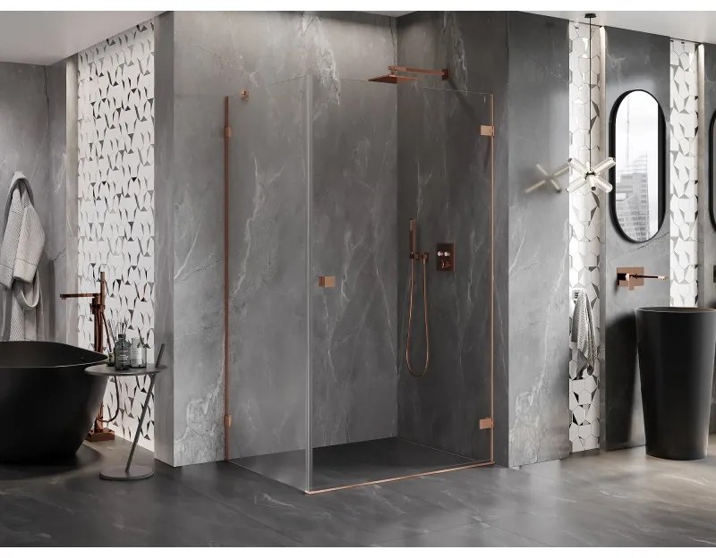 Mexen Lunar-B, pravostranný výklopný sprchový kút 95 x 80 cm, 8mm číre sklo, profil medená matná, 832-095-080-65-00-P