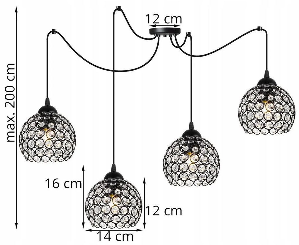 Závesné svietidlo Crystal Spider, 4x čierne krištáľové tienidlo