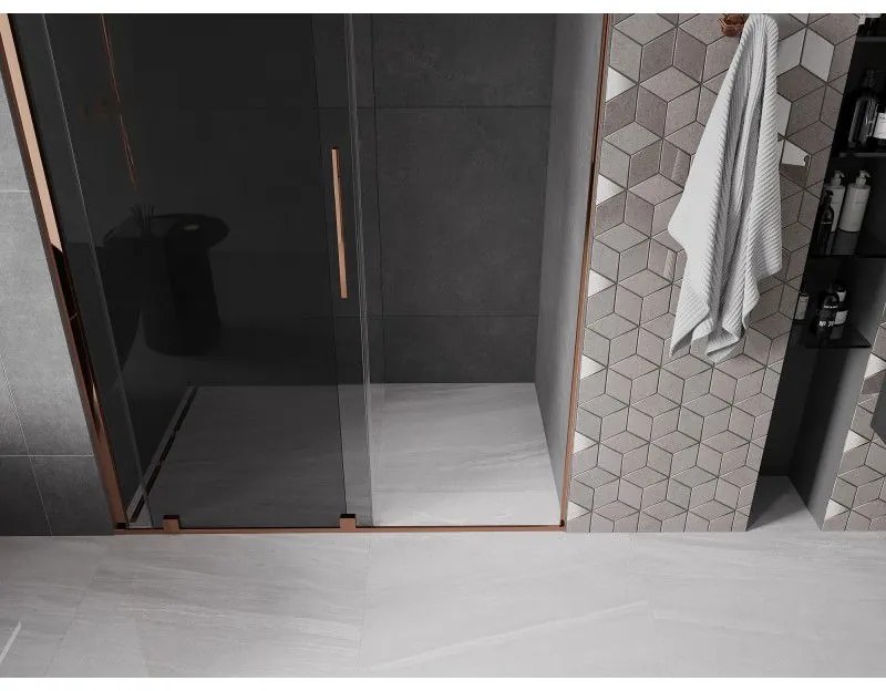Mexen Velar, posuvné sprchové dvere do otvoru 150 cm, 8mm šedé sklo, ružové zlato, 871-150-000-41-60