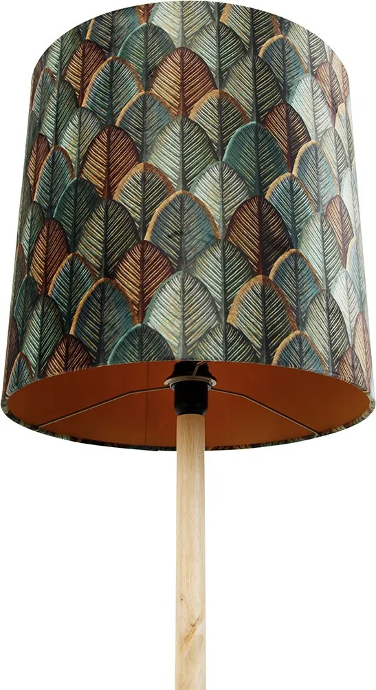 Drevená stojacia lampa s zamatovým tienidlom s dizajnom listov a zlatým vnútorným priestorom - Mels