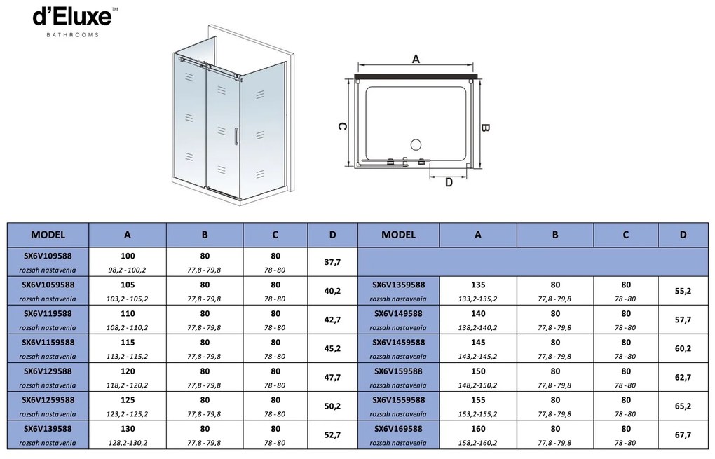 D‘Eluxe - SPRCHOVÉ KÚTY - Sprchový kút RECTANG SXV 100-10xcm + xcm + xcm sprchový kút obdĺžnikový číre 6 chróm univerzálna - ľavá/pravá 105 195 80 105x195 + 80x195 + 80x195 40,2