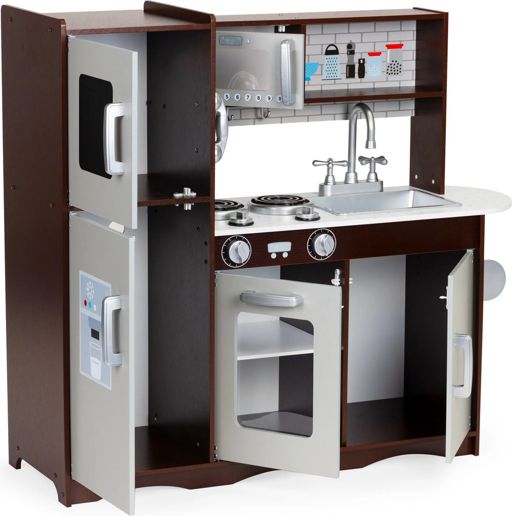 Veľká drevená detská kuchynka ECOTOYS s rúrou, mikrovlnkou a otváracou chladničkou