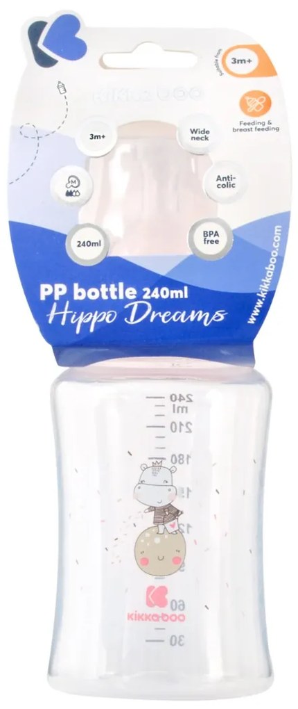 Dojčenská fľaša 240ml 3m+ Hippo Dreams Pink