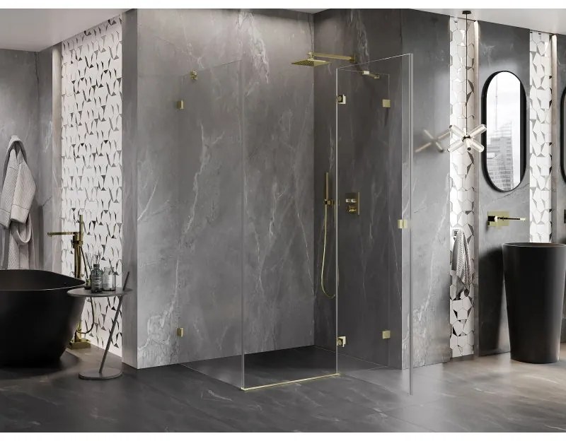 Mexen Lunar, pravostranný výklopný sprchový kút 85 x 90 cm, 8mm číre sklo, zlatý matný profil, 834-085-090-55-00-P