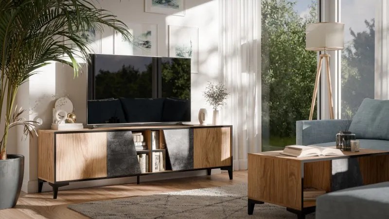 TV stolík OVO 180 cm sivý betón/dub antický