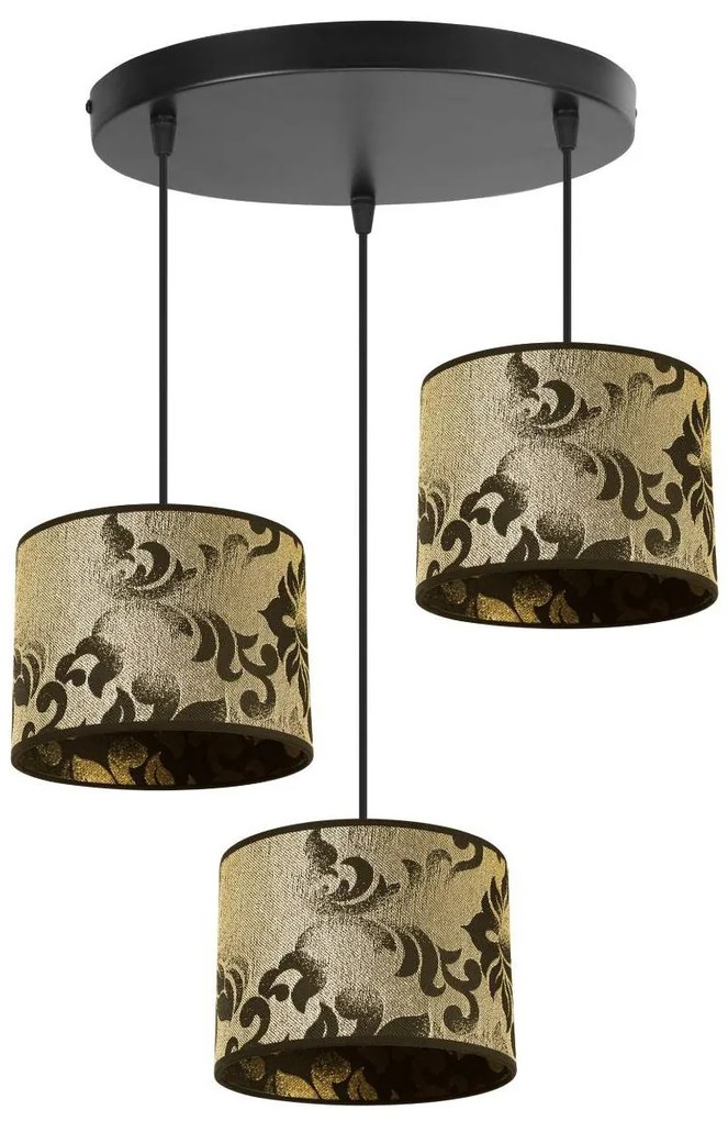 Závesné svietidlo Werona 1, 3x čierne/zlaté textilné tienidlo so vzorom, o