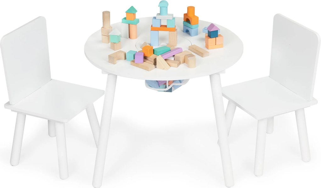 ECOTOYS detský stolík + 2 stoličky, biely skandinávsky set so sieťovým úložiskom