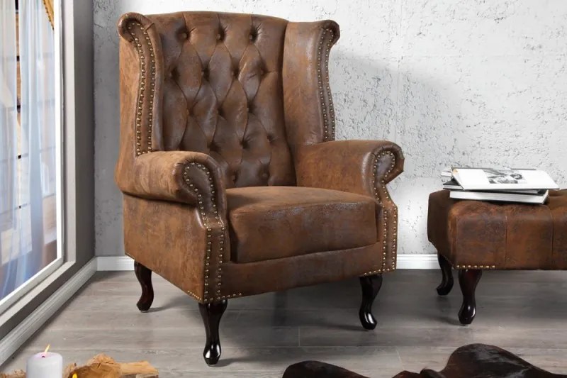 (2621) INGLESE Chesterfield ušiak kreslo antik hnede