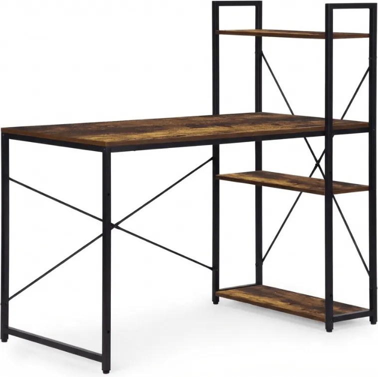 Písací stôl s regálom LOFTY 120x60 cm, čierny / rustikálne hnedý