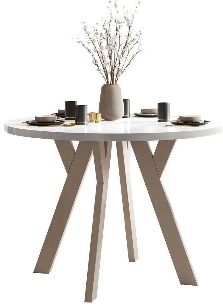 OKRÚHLY ROZKLADACÍ JEDÁLENSKÝ STÔL EWALD BIELY LESK + KAŠMÍR NOHY 100/140 cm