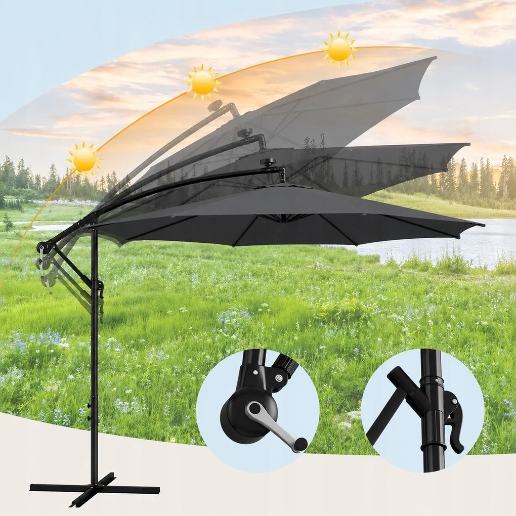 Ekspand Záhradný LED slnečník s bočným ramenom 300 cm sivý