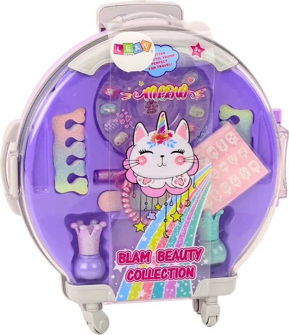 LEAN Toys Sada kozmetiky v kufríku na líčenie a nechty fialová 9 ks