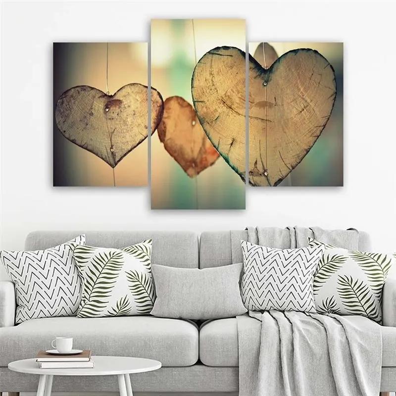 Obraz na plátně třídílný Srdce Wood Love Retro - 150x100 cm