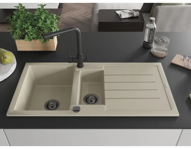 Mexen Andres, granitový drez 1000x500x200 mm, 1,5-komorový + čierna batéria Duero, béžová, 6515-69-671600-70