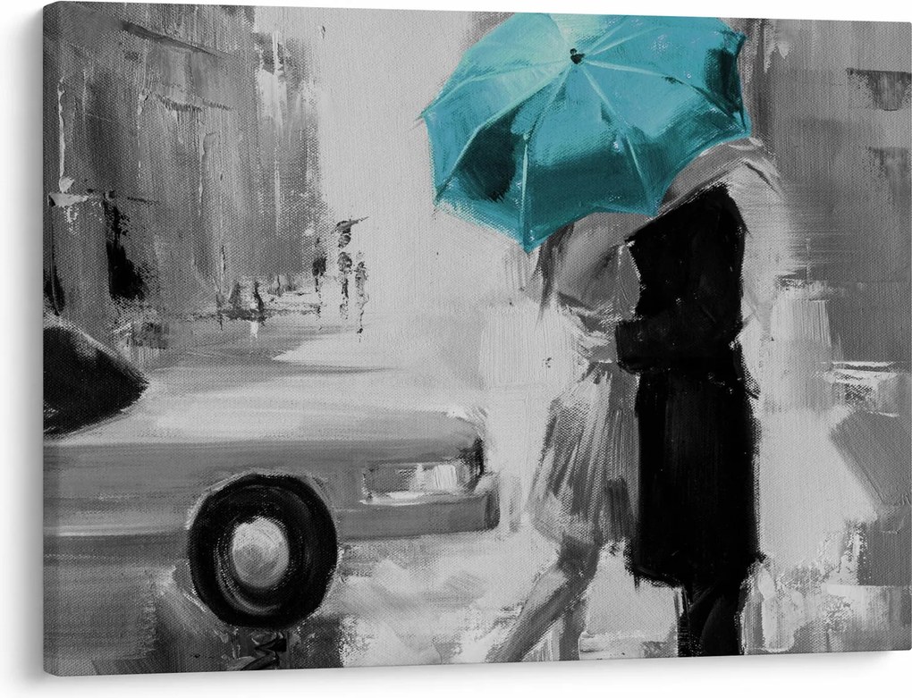 Obraz - Zamilovaný pár s dáždnikom, modrý (70x50 cm)