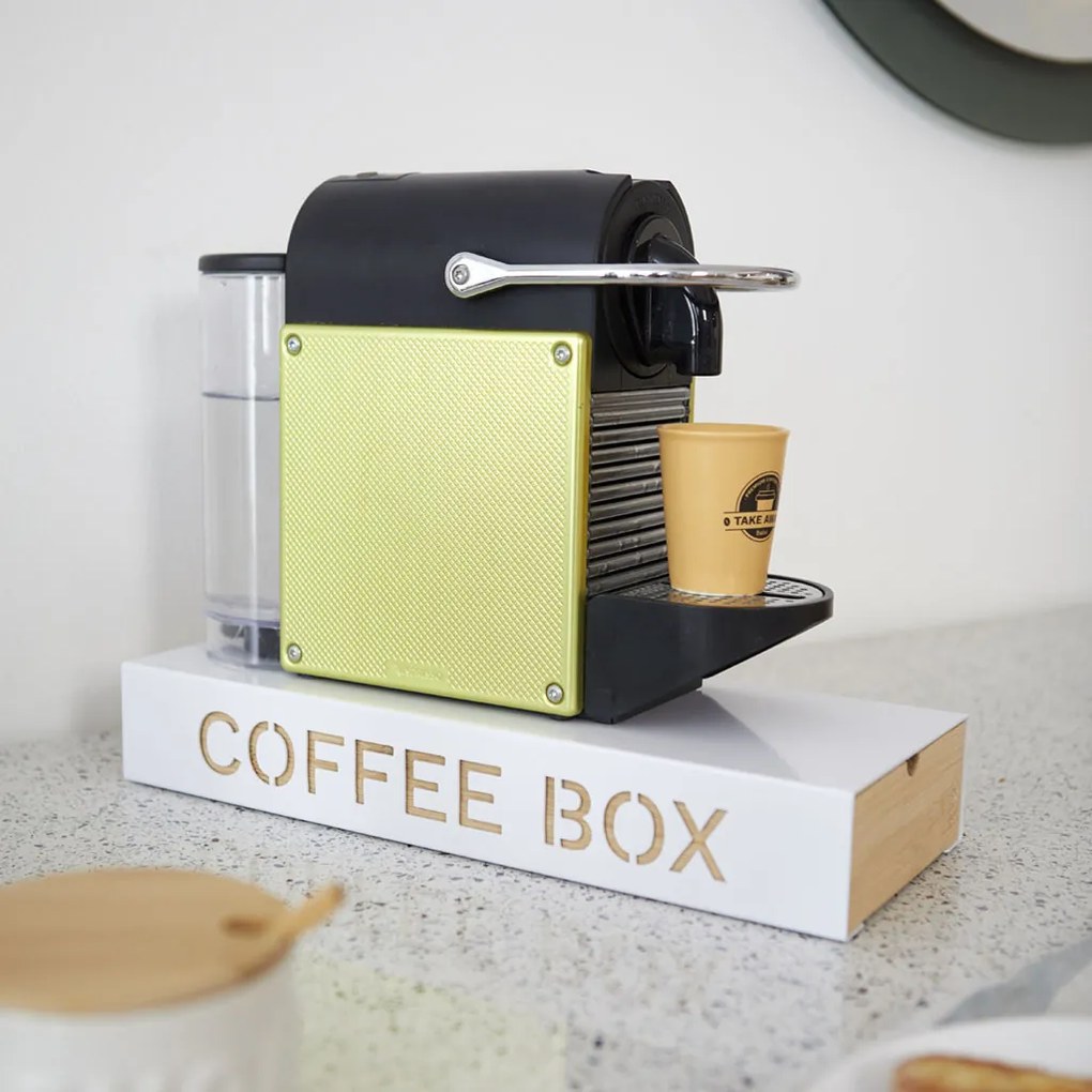 Box na kávové kapsuly a stojan, BALVI Coffee Box, biely kov