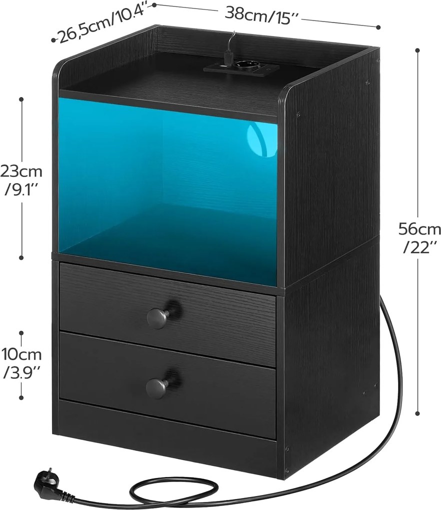 Noční stolek Silven 38 cm s LED osvětlením a nabíjecí stanicí černý