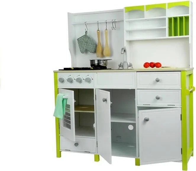 LEAN Toys Detská drevená kuchyňa Zelená a biela Paula Otváracie prvky