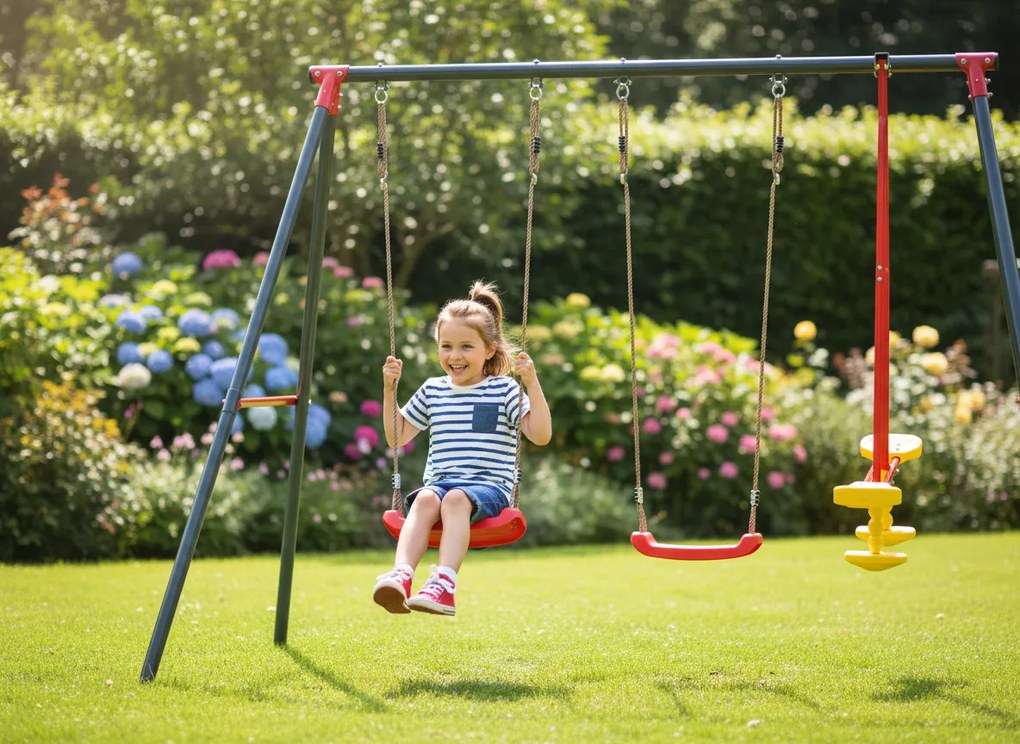 GARDEN LINE Záhradná hojdačka (kovový rám + 2 hojdačky + hojdacie koleso) 290 × 180 × 200 cm | KRE1067