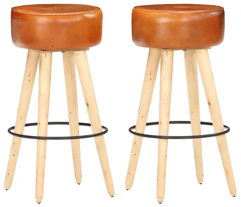 Barové stoličky 2 ks hnedé hrubé mangovníkové drevo a pravá koža