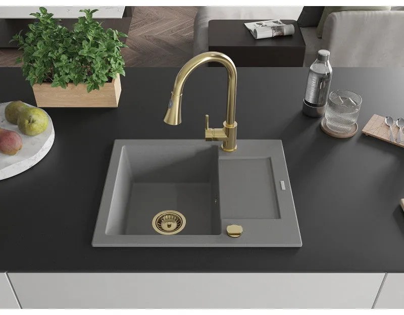 Mexen Enzo, 1-komorový granitový drez 576x465x174 mm a drezová batéria Elia, šedá, 6506-71-670101-50