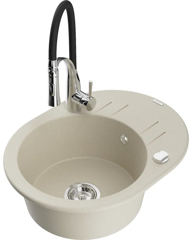 Mexen Kevin, 1-komorový granitový drez 586x458x190 mm a drezová batéria Aster, béžová, 6517-69-73450-07