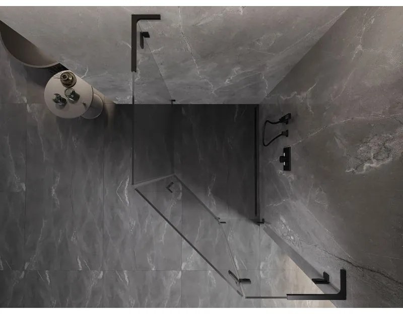 Mexen Lunar, L pravý výklopný päťuholníkový sprchový kút 80 x 90 cm, 8mm číre sklo, čierny profil, 831L-080P-090L-70-00-P