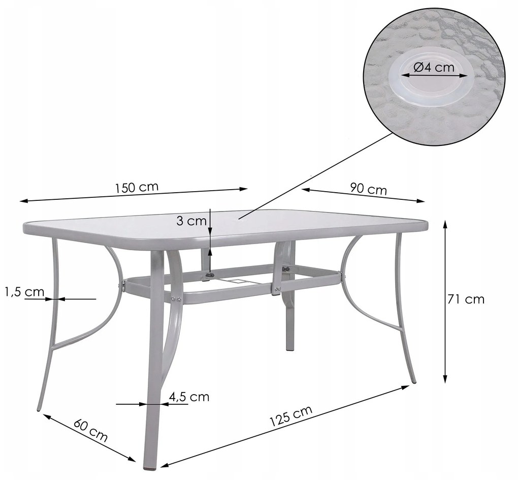 PreHouse Záhradný stôl 150cm: kov + sklo, šedý