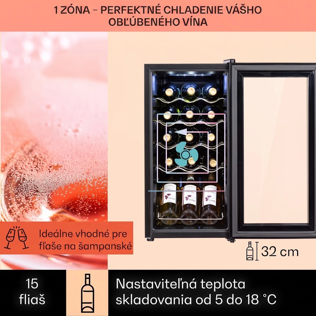Klarstein Shiraz 15 Slim Uno, vinotéka, 44 l, 135 W, 5–18°C, dotykové ovládanie, čierna