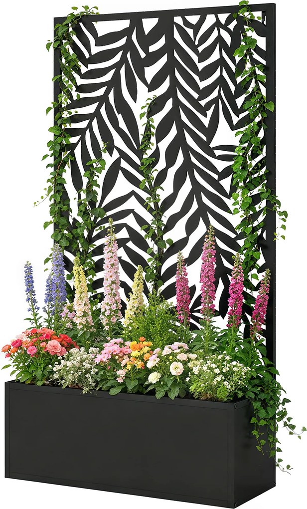 Outsunny kovový kvetináč s mriežkou a panelom s motívom tropických listov, 61 × 23 × 113 cm, čierny | Aosom