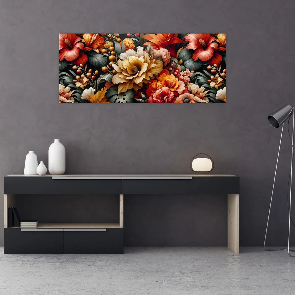 Obraz - Oranžovo-červené kvety (120x50 cm)