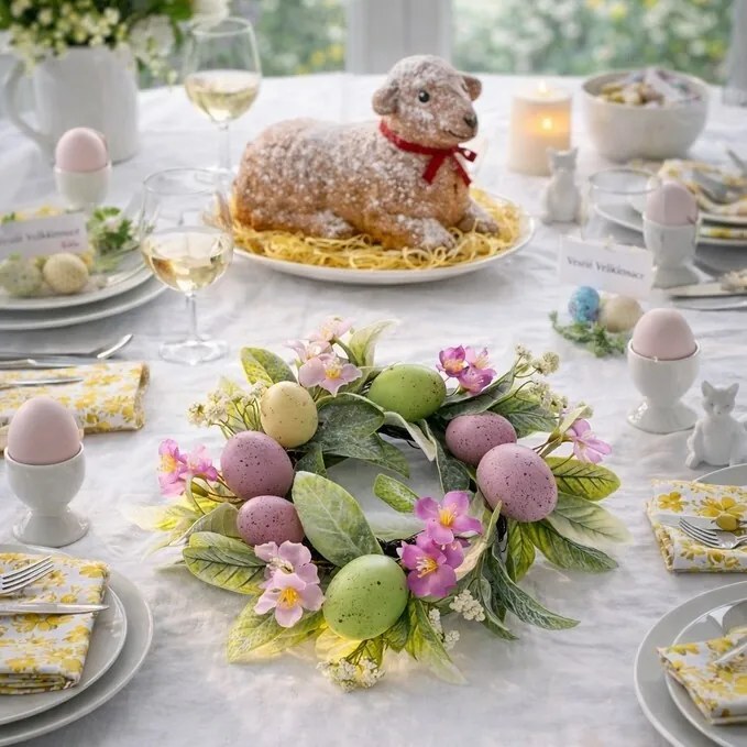 Veľkonočný veniec s kvetmi a vajíčkami sv. fialová, pr. 25 cm