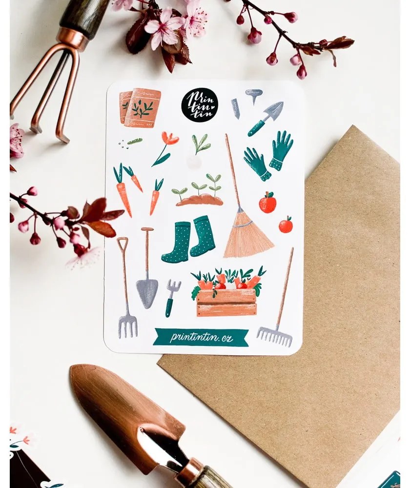 Arch vinylových samolepiek s motívom Záhradníčka Printintin, 10,5 cm x 14,5 cm